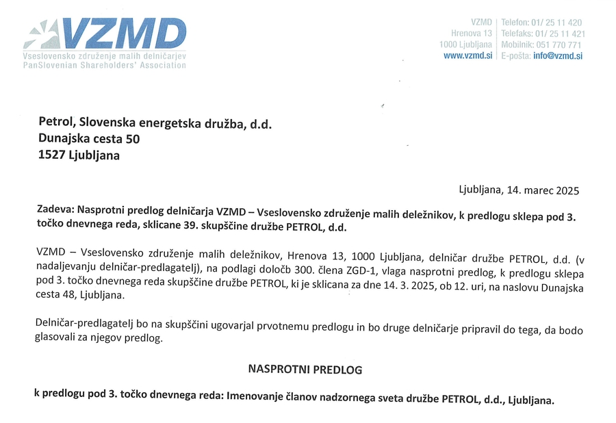 PETROL Nadzorni svet nasprotni predlog VZMD 2025
