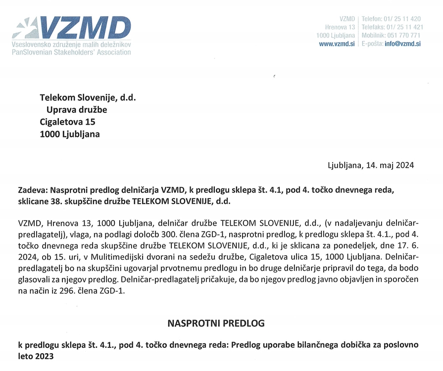 Telekom Slovenije Nasprotni predlog 14 5 2024 Stran 1